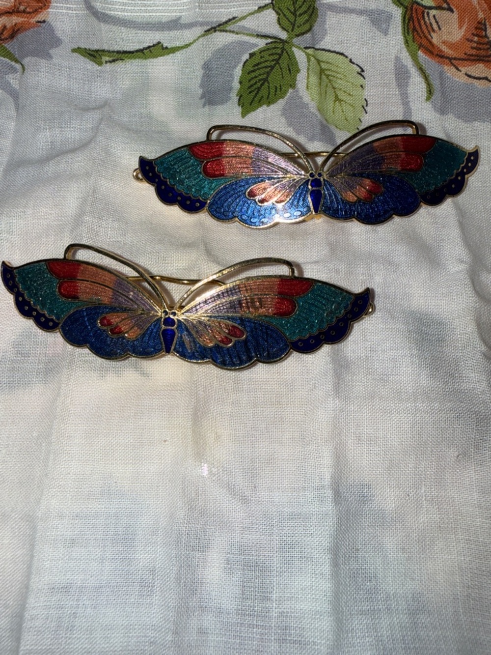 Vintage Cloisonné Butterfly Hair Clips - Blue, Teal, Red